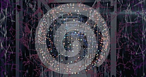 Image of data processing and globe over server room