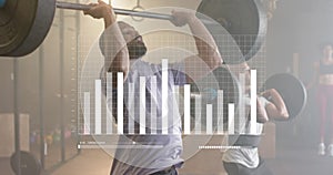 Image of data processing on graph over diverse men weight training with barbells at gym