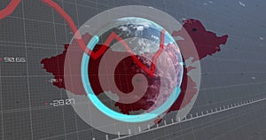 Image of data processing with graph over world map and globe