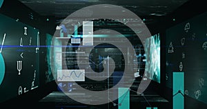 Image of data processing and graphs on scientist screens