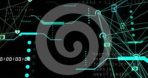 Image of data processing and icons on black background