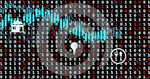 Image of data processing with icons over binary coding on black background