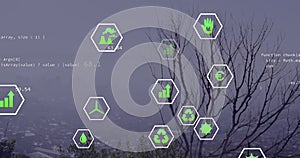 Image of data processing and icons over cityscape