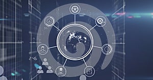 Image of data processing and icons over cityscape