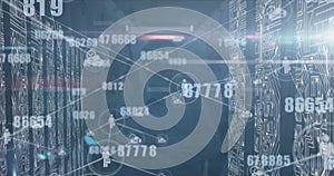 Image of data processing and icons over cityscape