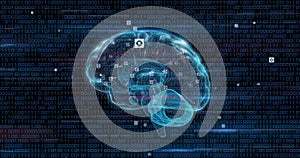 Image of data processing and icons over digital brain spinning