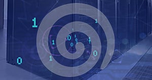Image of data processing and icons over server room