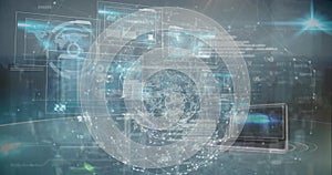 Image of data processing and light spots over globe and scope scanning on black background