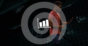 Image of data processing and mathematical equations over man using tablet