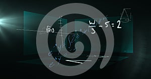 Image of data processing and mathematical equations over screens