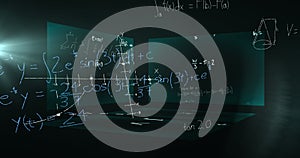 Image of data processing and mathematical equations over screens