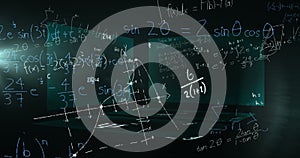Image of data processing and mathematical equations over screens