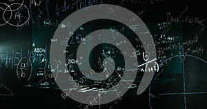 Image of data processing and mathematical equations over screens