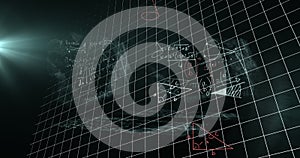 Image of data processing and mathematical equations over screens