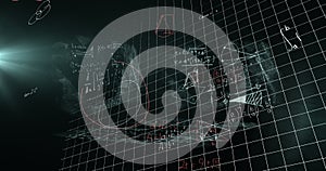 Image of data processing and mathematical equations over screens