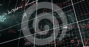 Image of data processing and mathematical equations over screens