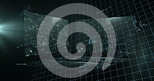 Image of data processing and mathematical equations over screens