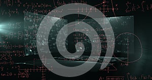 Image of data processing and mathematical equations over screens