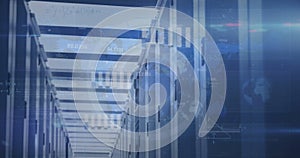 Image of data processing and mathematical equations over server room