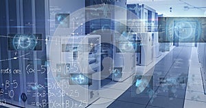 Image of data processing and mathematical equations over server room