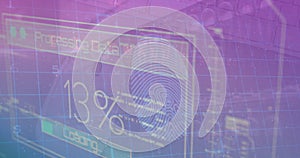 Image of data processing on moving screens over purple background