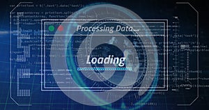 Image of data processing on moving screens and scan scoping over blue background