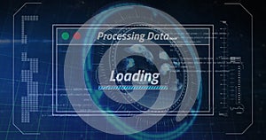 Image of data processing on moving screens and scan scoping over blue background