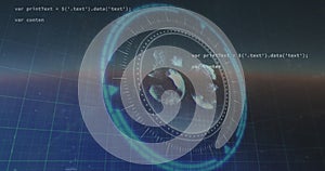 Image of data processing on moving screens and scan scoping over blue background