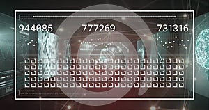 Image of data processing and network of connections on black background