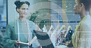 Image of data processing and network of connections over diverse colleagues working in office