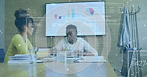 Image of data processing and network of connections over diverse colleagues working in office