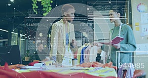 Image of data processing and network of connections over diverse colleagues working in office