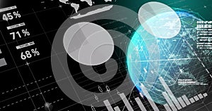 Image of data processing and network of connections over globe on black background