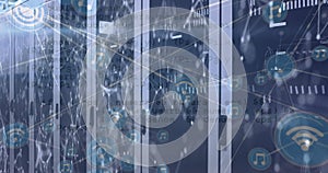 Image of data processing and network of connections over server room