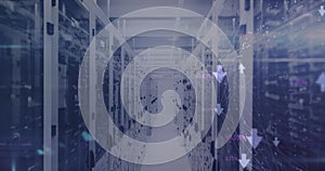 Image of data processing and network of connections over server room