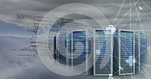 Image of data processing and network of connections over server room