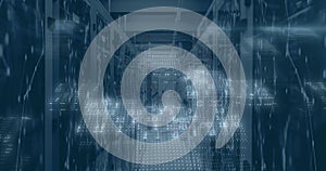 Image of data processing and network of connections over server room