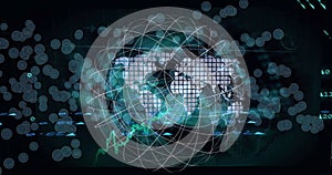 Image of data processing with network of connections over world map and globe