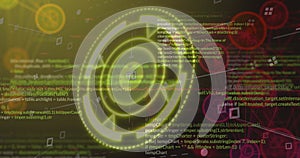 Image of data processing and network of digital icons against neon yellow round scanner