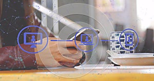 Image of data processing and networks over man using smartphone