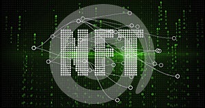 Image of data processing and nft text over black background