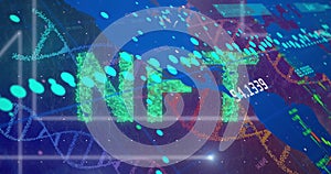 Image of data processing and nft text over blue background