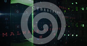 Image of data processing and online cyber attack warning over green lights of computer servers