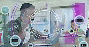 Image of data processing over african american father with son using laptop