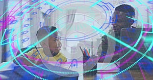 Image of data processing over african american father and son using laptop