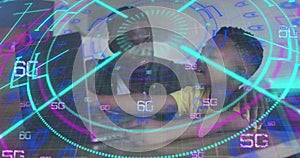 Image of data processing over african american father and son using laptop