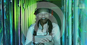 Image of data processing over african american female it engineer and computer servers