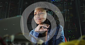 Image of data processing over african american female it engineer and computer servers