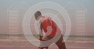 Image of data processing over african american man exercising at beach photo