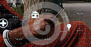 Image of data processing over african american man using smartphone